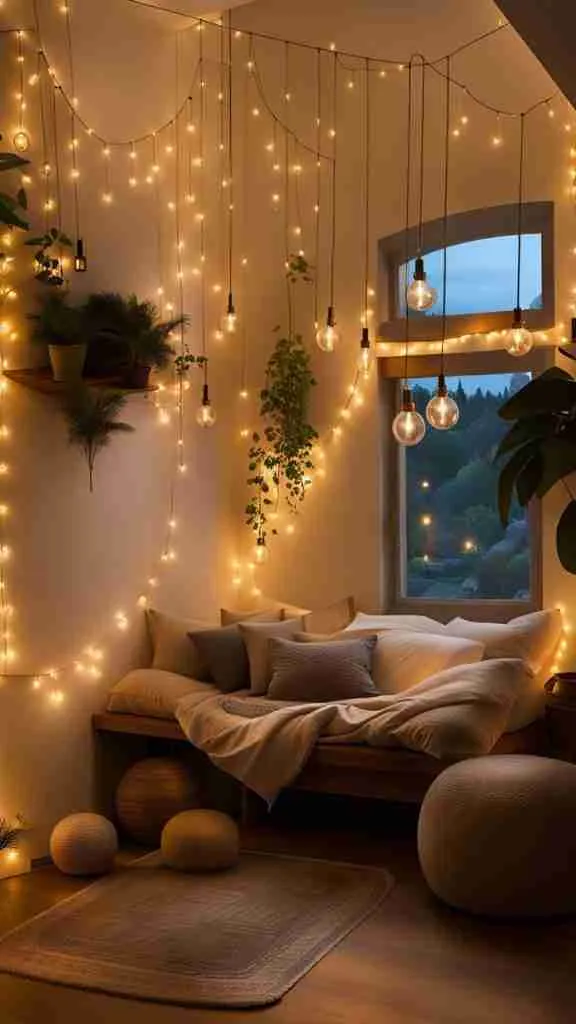 String lights simple cozy home decor ideas on a budget 
