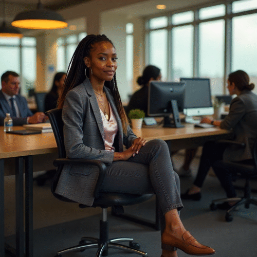 A photo of a beautiful, youthful, stylish African American woman with long, braided hair, wearing a smart casual outfit that includes a grey blazer, dark grey jeans, a light pink silk blouse, and brown suede loafers, sitting at a desk in a busy office environment with multiple computer screens and coworkers in the background during a cloudy morning.