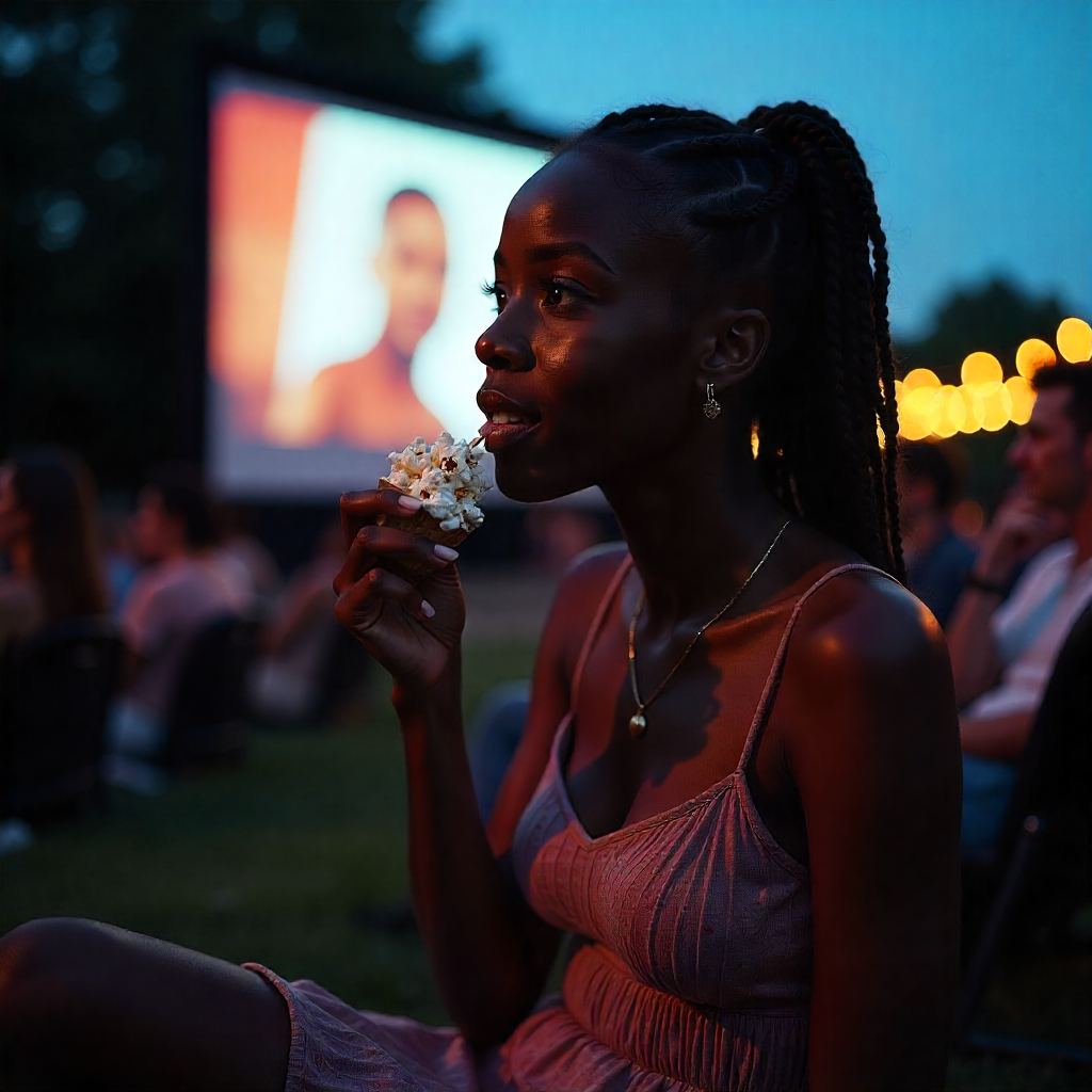 solo date of woman alone at movies enjoying popcorn