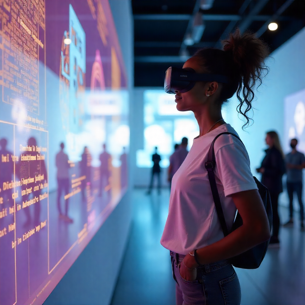 Woman enjoying virtual reality art gallery solo date experience.