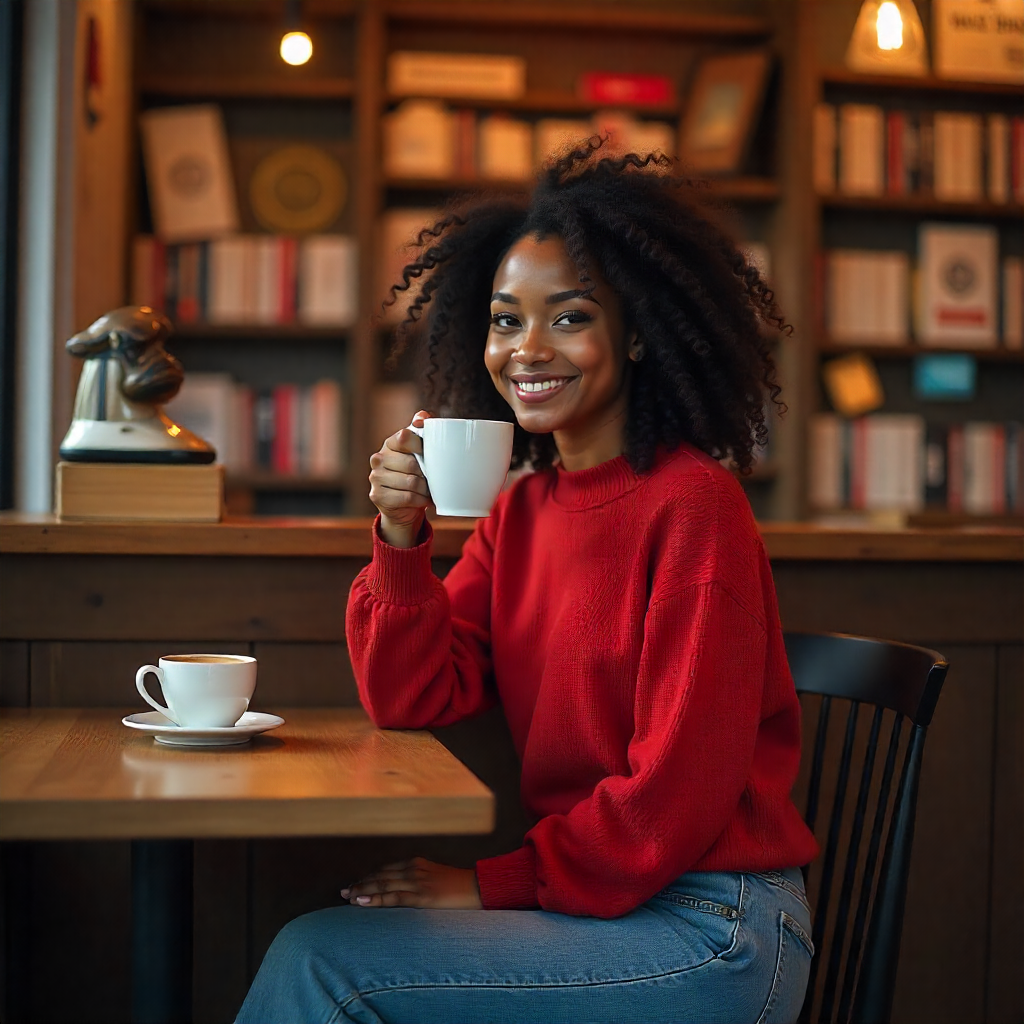 Woman enjoying solo date at bookstore and cofffee shop