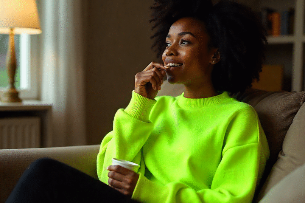 cozy lazy outfits for women. Woman sitting on couch eating snacks wearing oversized neon green sweater with black leggings. 