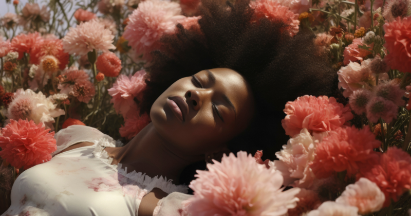 “Young Black woman resting peacefully among soft pink flowers, symbolizing self-care, inner healing, and feminine wellness—representing the self-improvement journey for Black women.”