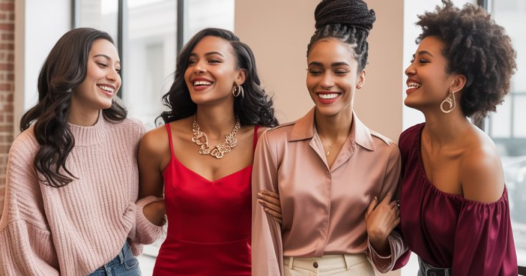 friend group out and about dressed in Valentine's/Galentine's outfits 