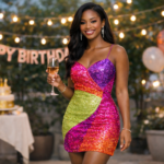 Joyful young Black woman wearing a colorful sequin mini dress outdoors at a birthday party, holding a glass and smiling, with a "Happy Birthday" banner and string lights in the background; trendy birthday outfit ideas for women.