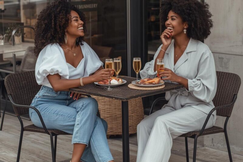 Casual Sunday brunch outfits for Black women at outdoor restaurant