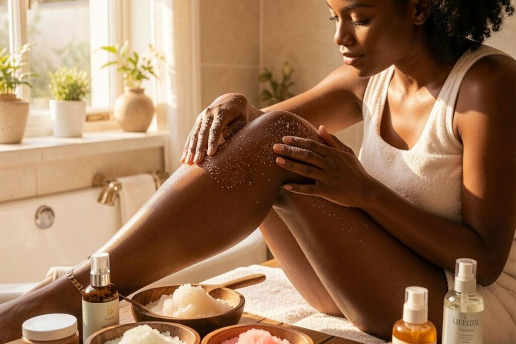 black woman using Body Scrubs for Hyperpigmentation