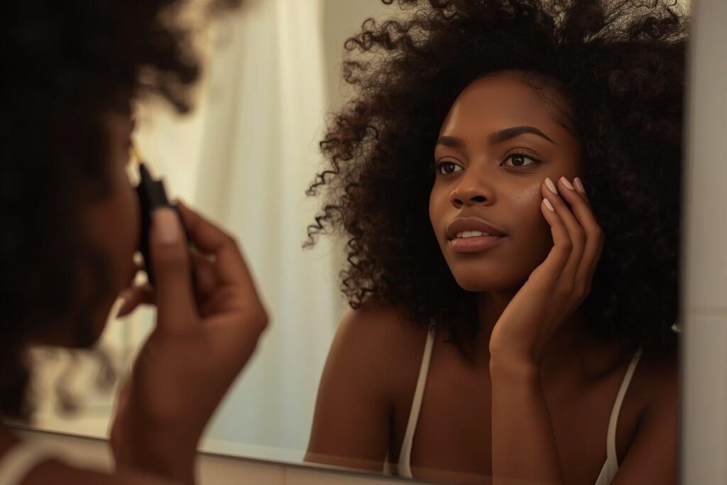 beautiful black woman applying serum demonstrating how to get glowing skin for black women