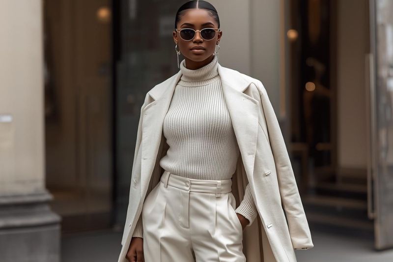 Black woman wearing monochrome neutral vacation outfit with beige trousers, knit sweater, and structured coat styled with sunglasses and mini handbag