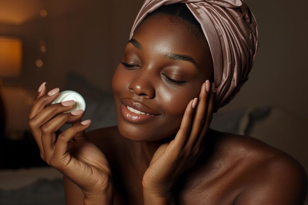 beautiful black woman in turban doing her  Overnight Glow Routine for Melanin Skin 
