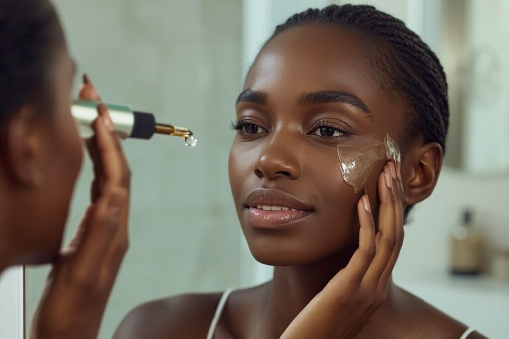 beautiful  and young african american woman apply serum to face. Showing how to get rid of hyperpigmentation on black skin.