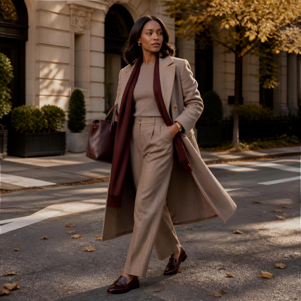Stylish woman wearing a sophisticated fall 2026 outfit with tailored trousers, sweater, coat and loafers