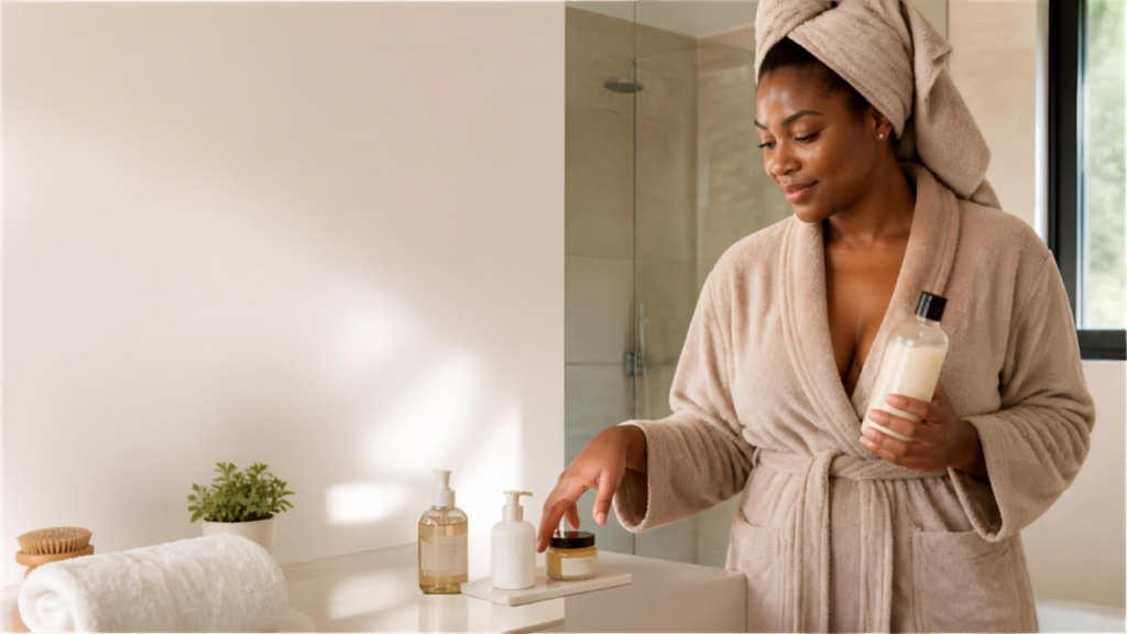 Black woman with glowing skin holding body wash in a bright modern bathroom